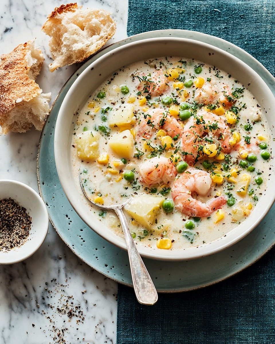 A white bowl filled with creamy shrimp chowder sits on a slightly larger light blue plate, both resting on a white marbled surface. The chowder has a thick white base mixed with bright yellow corn, green peas, small chunks of potatoes, and soft pink shrimp scattered on top. Finely chopped green herbs are sprinkled over the dish along with small specks of ground black pepper. A silver spoon is placed inside the bowl, partially submerged in the chowder. To the left, there is a small white bowl containing a mix of black pepper, and a broken piece of crusty bread lies next to it on a dark teal fabric napkin. Photo taken with an iphone --ar 4:5 --v 7