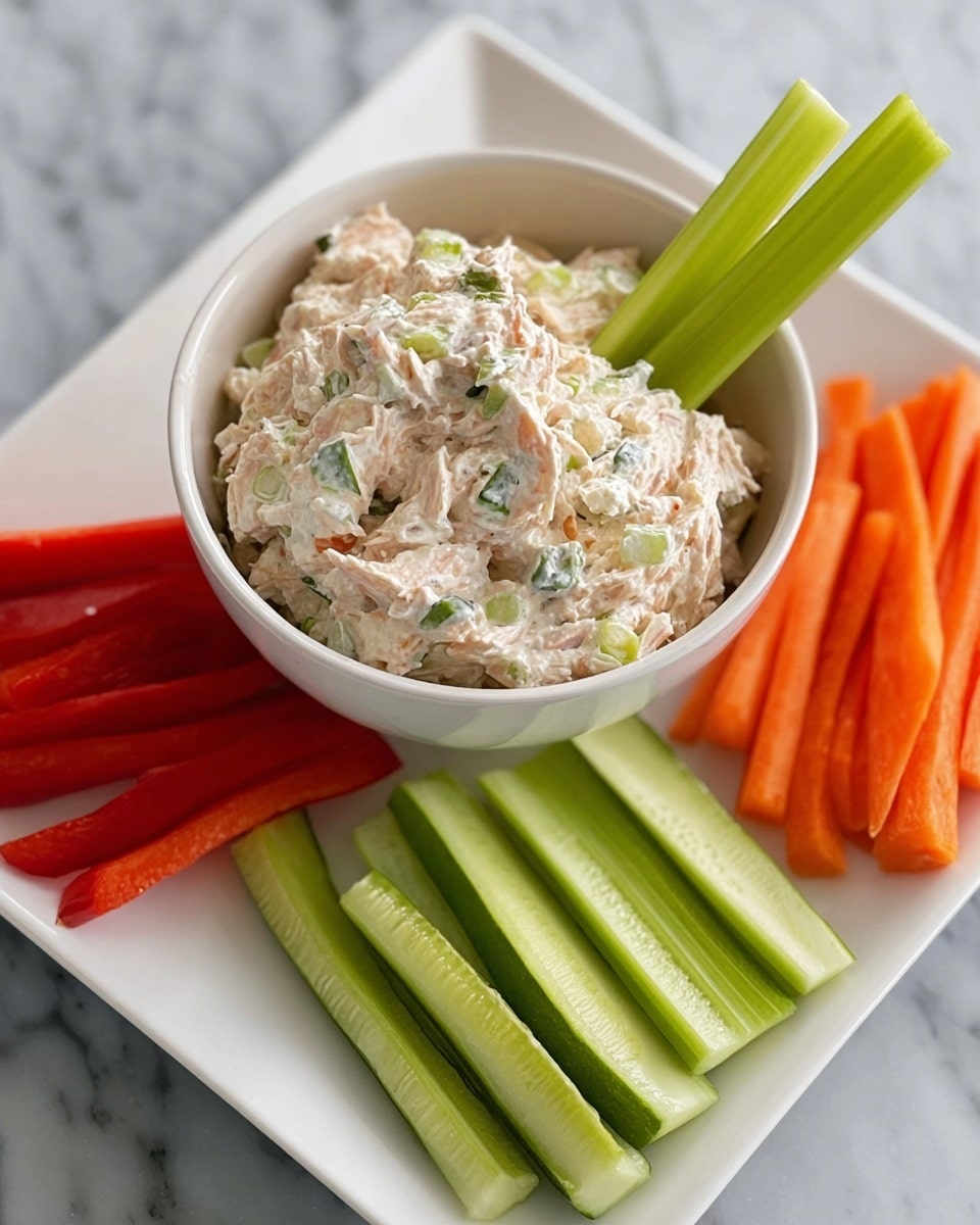 A white bowl filled with a creamy, light beige tuna salad with visible small bits of herbs, centered on a white square plate. Around the bowl are long sticks of fresh vegetables: bright green celery sticks placed inside the tuna salad and around the bowl, dark green cucumber slices on one side, and red bell pepper strips on the other, all neatly arranged. The dish sits on a white marbled surface, with soft natural light highlighting the fresh textures. Photo taken with an iphone --ar 4:5 --v 7