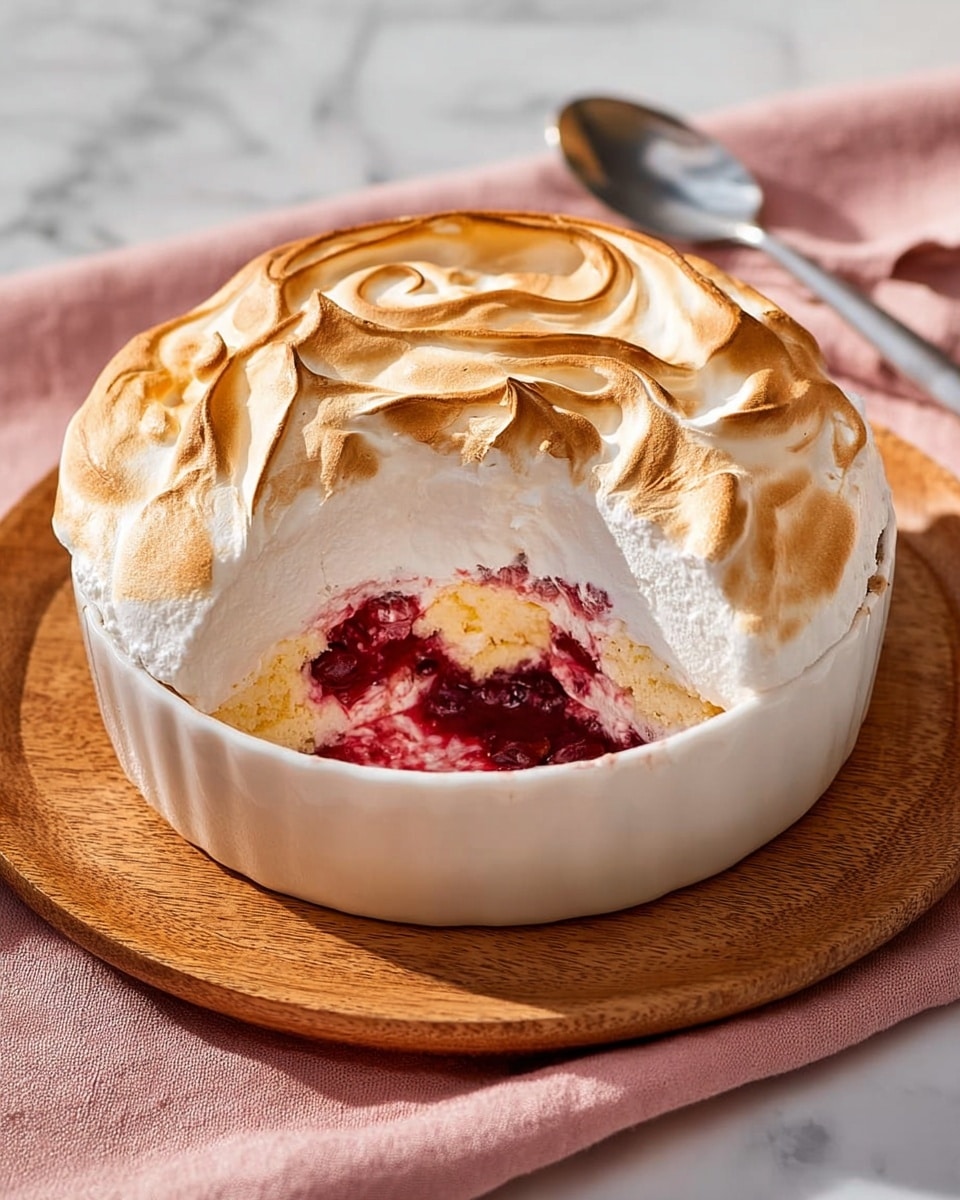 The dish is a round dessert served in a white ceramic dish placed on a round wooden board, sitting on a white marbled surface. It has three visible layers: the top layer is a swirled, golden-brown meringue with a fluffy, slightly crispy texture, the middle layer is a thick white cream, and the bottom layer reveals a mix of bright red berry sauce and pale yellow cake. A portion is scooped out revealing the colorful cross-section inside. Nearby, there is a metal spoon resting on a pink cloth. Photo taken with an iphone --ar 4:5 --v 7