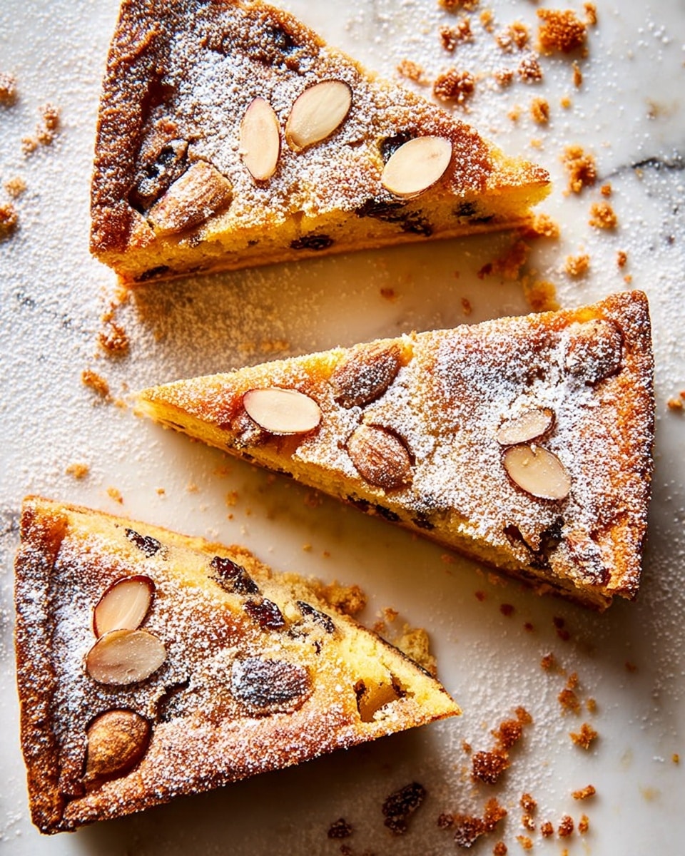 Three triangular slices of almond cake are placed on a white marbled surface with crumbs scattered around. Each slice has a golden-brown top layer sprinkled with powdered sugar and dotted with toasted almond slices. The cake’s texture is moist and slightly crumbly with visible dark raisins embedded in the light yellow interior. One small piece has been cut off from the top right slice, showing the soft, dense crumb inside. The edges of the slices have a slightly darker crust, adding contrast. The overall scene is warm and inviting. photo taken with an iphone --ar 4:5 --v 7