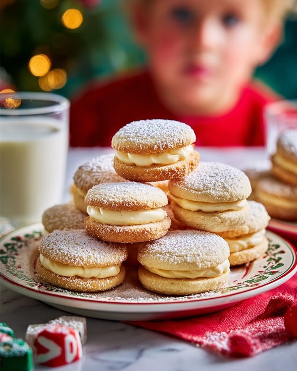A pile of round sandwich cookies filled with yellow cream, lightly dusted with powdered sugar, sits on a white plate decorated with small red and green holly motifs. The cookies are stacked in two layers, with some leaning against each other, showing their soft, rough textured golden-brown tops and smooth cream filling. Two clear glasses of milk flank the plate on a white marbled surface, and a young child wearing a red Christmas sweater looks closely at the cookies in the background. The scene has a cozy, festive feel with blurred colorful lights behind. Photo taken with an iphone --ar 4:5 --v 7