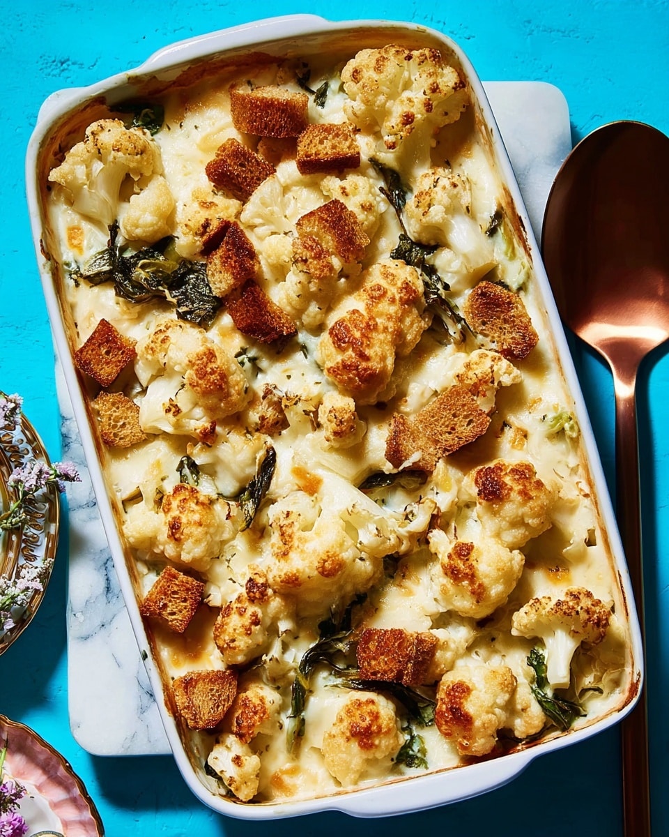 The image shows a white rectangular baking dish filled with a creamy baked cauliflower casserole. The top layer is a golden brown cheese sauce with melted, bubbly texture, dotted with small toasted bread cubes scattered evenly over the surface. Beneath the cheese, large white cauliflower florets peek through, with some green leafy vegetable parts around the edges. The dish sits on a white marbled surface with a copper spatula resting beside it. The background is a bright blue color, which contrasts with the creamy tones of the casserole. Photo taken with an iphone --ar 4:5 --v 7