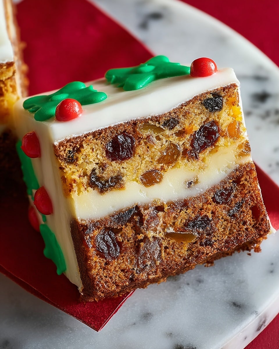 A square slice of fruit cake with two main layers is shown on a white marbled surface. The bottom thick layer is brown with visible pieces of dried fruits like cherries and raisins embedded inside, giving it a textured look. The top layer consists of a thin yellowish cream layer followed by a smooth white icing layer spread evenly and decorated with green icing and small round red decorations on top edges. The slice rests on a white plate with a red cloth underneath it. Photo taken with an iphone --ar 4:5 --v 7