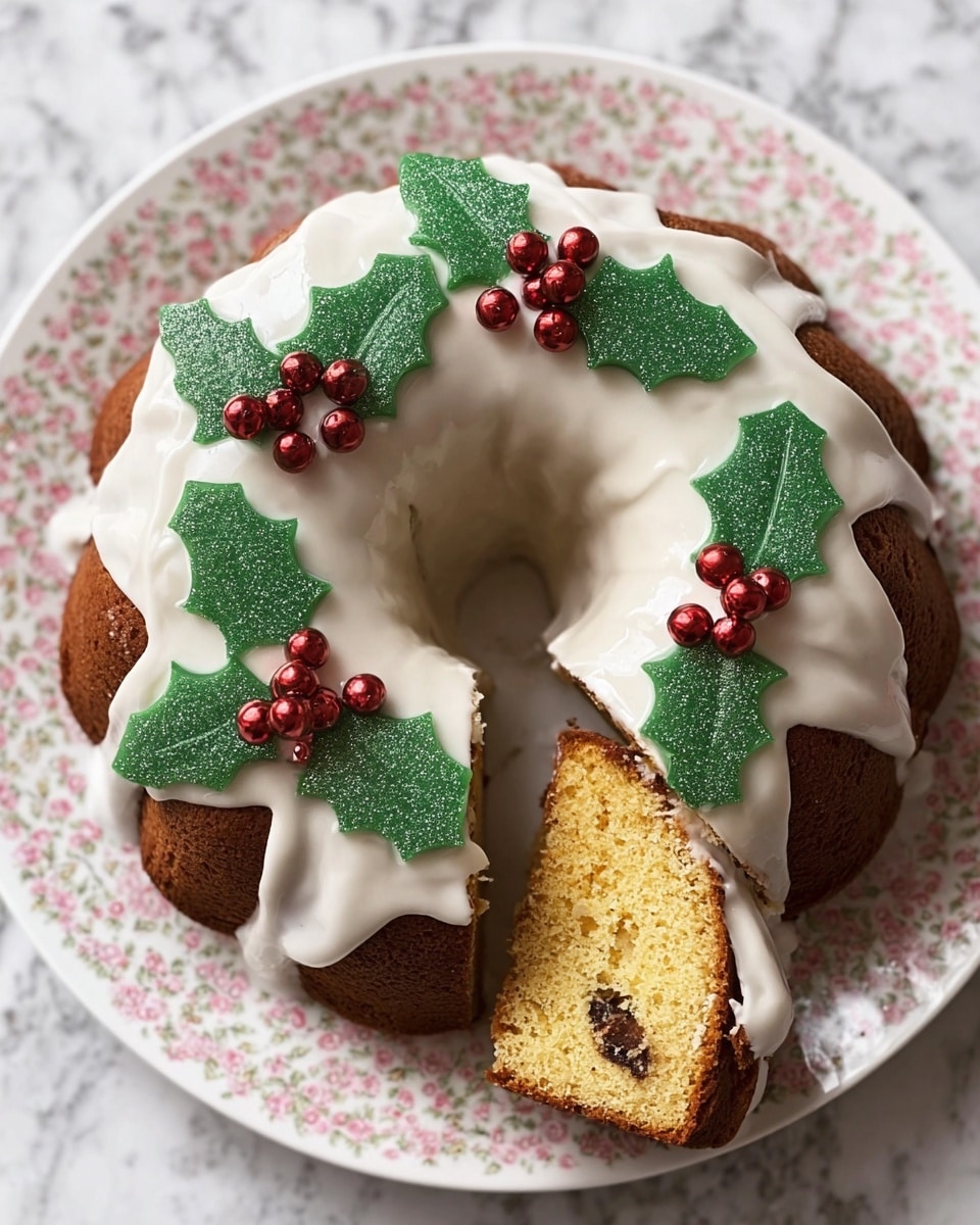 A brown ring-shaped cake sits on a white plate with a floral pattern, topped with a thick layer of white icing spread unevenly on the top and sides. There are green holly-shaped decorations with a textured look, placed on three spots over the icing, each decorated with small, shiny red berries grouped in threes. A single slice is cut out and placed beside the cake, showing a yellow inside with spots of dark fruit. The background is a white marbled texture, and a woman's hand holds the slice gently. Photo taken with an iphone --ar 4:5 --v 7