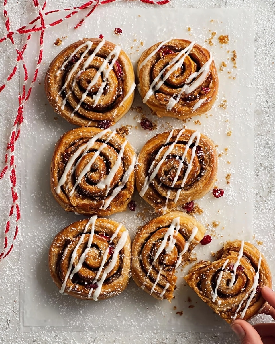 The image shows eight cinnamon rolls arranged in two columns on a white marbled surface covered with white parchment paper. Each roll has a golden brown, glossy top with visible layers spiraled around a cinnamon and possibly fruit filling, with some red bits visible inside. The rolls are drizzled with thin, white icing lines across the top. One cinnamon roll is separated from the group, placed slightly away with some crumbs nearby. A woman's hand is reaching from the right side to pick up the separate roll. A red and white string is loosely wrapped around the group on the left and right edges. Photo taken with an iphone --ar 4:5 --v 7