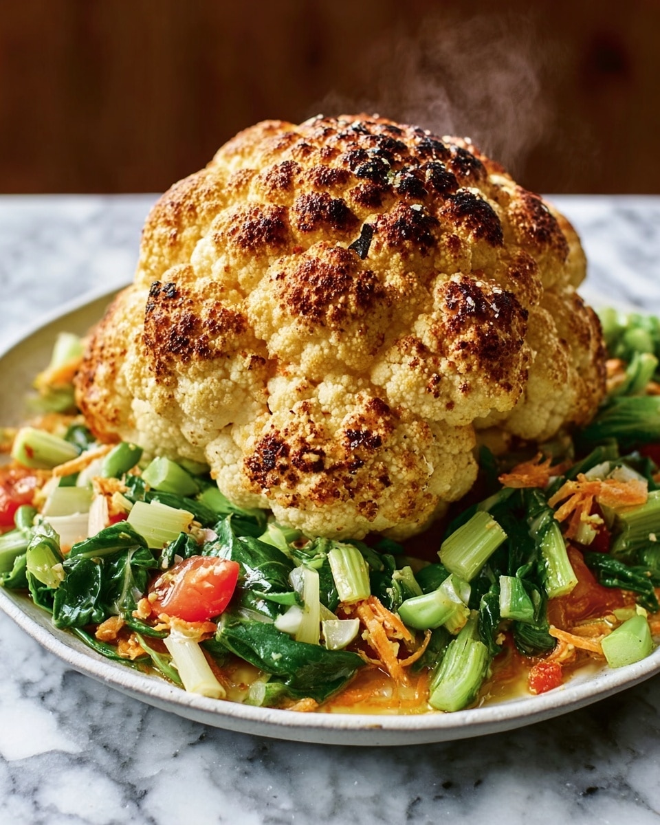 The image shows a whole roasted cauliflower with a golden brown, slightly charred top, sitting in the center of a round white plate. Around the cauliflower, there is a bed of mixed greens including bright green cabbage leaves and darker green bok choy, with pieces of orange-colored sauce and toppings scattered throughout. The plate rests on a white marbled surface with a rustic, dark background. Steam rises gently from the cauliflower, indicating warmth. photo taken with an iphone --ar 4:5 --v 7