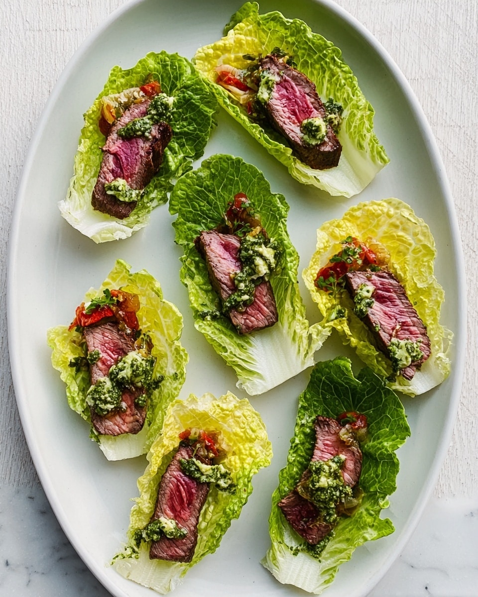 The image shows eight small lettuce boats arranged in a white oval plate on a white marbled surface. Each lettuce boat has three layers: a bright green and pale yellow leaf of romaine lettuce as the base, a piece of medium-rare pink steak laid across the leaf in the middle, and small amounts of green herb sauce and some chunky red sauce spread over the steak. The lettuce leaves have a fresh and crisp texture, the steak looks juicy and tender, and the sauces add vibrant colors and contrast. Photo taken with an iphone --ar 4:5 --v 7