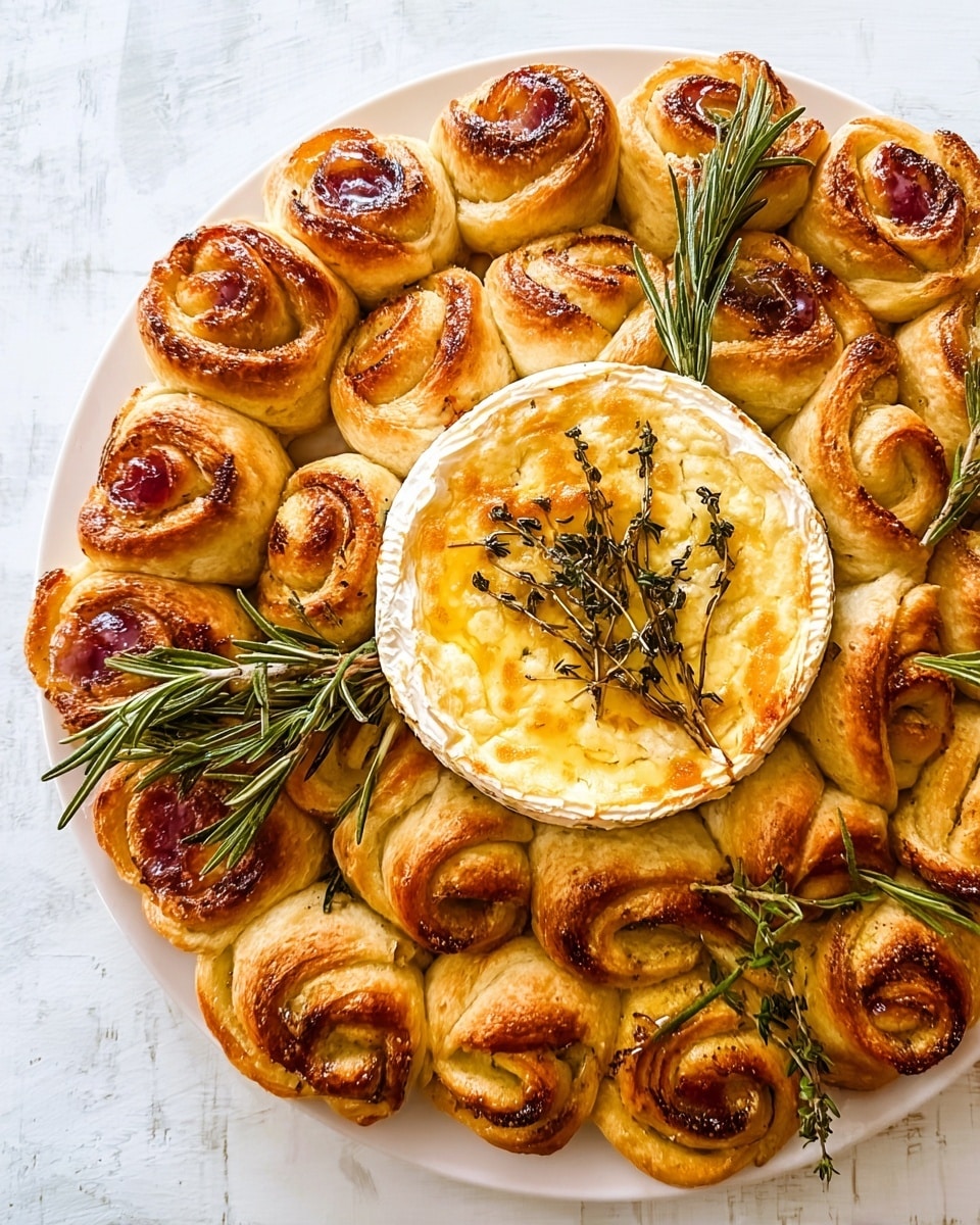 A round white plate holds a baked wheel of soft cheese topped with sprigs of fresh green rosemary and a light sprinkle of salt. Around the cheese, there is a layered ring of small, golden brown crescent-shaped rolls with a shiny surface, some with a dark red jam glaze. The rolls are topped with more rosemary sprigs, adding a bright green contrast to the warm tones of the bread. The setup is on a white marbled surface, giving a clean and fresh look. photo taken with an iphone --ar 4:5 --v 7