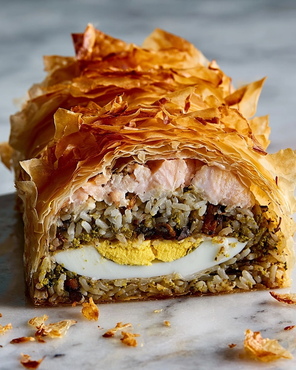 The image shows a cut piece of a layered baked dish resting on a white marbled surface. The top layer is golden and crispy with many uneven, thin, flaky sheets that look light and crunchy. Below this is a thick layer of cooked salmon with a soft pink color. Under the salmon layer is a mixed filling that includes brown rice, small dark bits, and slices of white boiled egg parts. The entire dish looks moist inside but with a crisp outside layer. Small crispy flakes are scattered around the dish on the white marbled surface. photo taken with an iphone --ar 4:5 --v 7