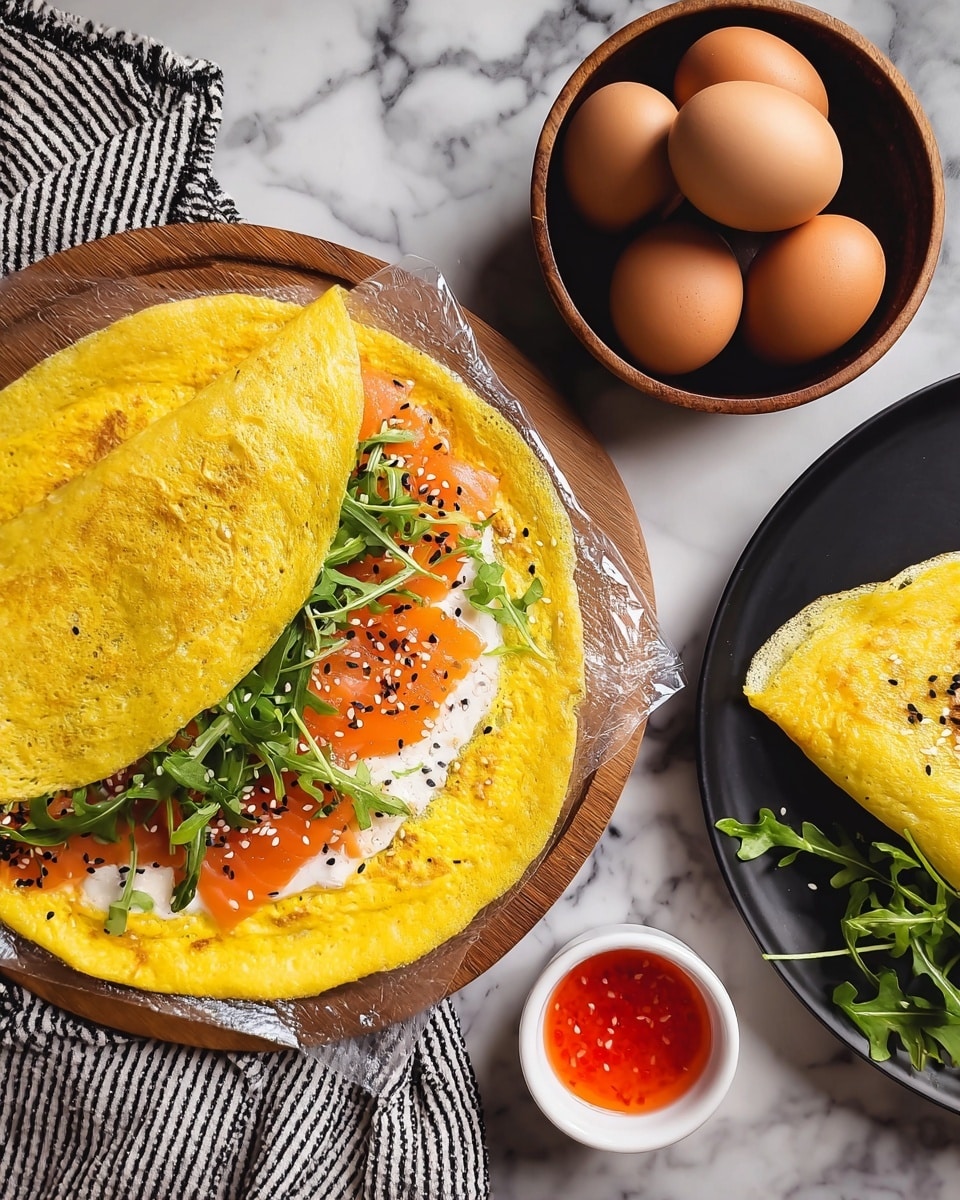 The image shows a bright yellow thin omelette laid flat on a white marbled surface, topped with a spread of creamy white cheese in a long strip near one side, followed by layers of light pink smoked salmon slices, green arugula leaves scattered on top, and a sprinkle of black and white sesame seeds along with some black pepper. To the right, a white plate holds the omelette folded into a neat triangle with more green arugula beside it and a small white bowl filled with bright red sauce. Above the omelette, there is a black bowl holding four brown eggs. A striped cloth napkin is placed under the edge of the white plate. Photo taken with an iphone --ar 4:5 --v 7