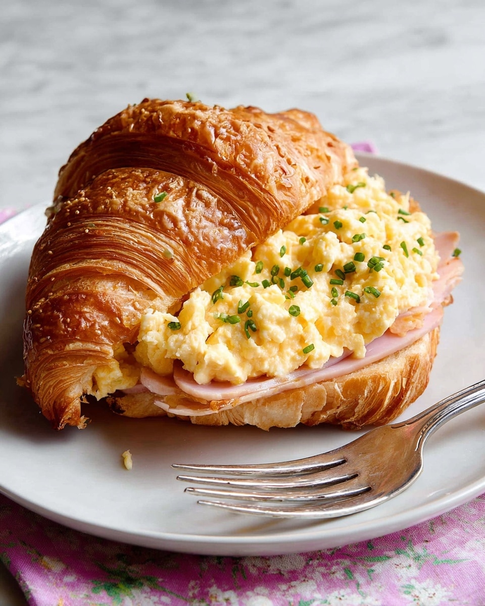 The image shows a croissant sandwich on a white plate with soft floral-patterned paper beneath it. The bottom layer is a golden-brown, flaky croissant with a glossy texture, and on top of it lies a smooth, pale pink slice of ham. Above the ham, there is a thick layer of creamy scrambled eggs mixed with small pieces of green herbs, adding a touch of color and texture. The croissant's top half is placed slightly lifted, revealing the filling inside. A silver fork rests on the plate next to the sandwich. The setting includes a white marbled surface underneath the plate. photo taken with an iphone --ar 4:5 --v 7