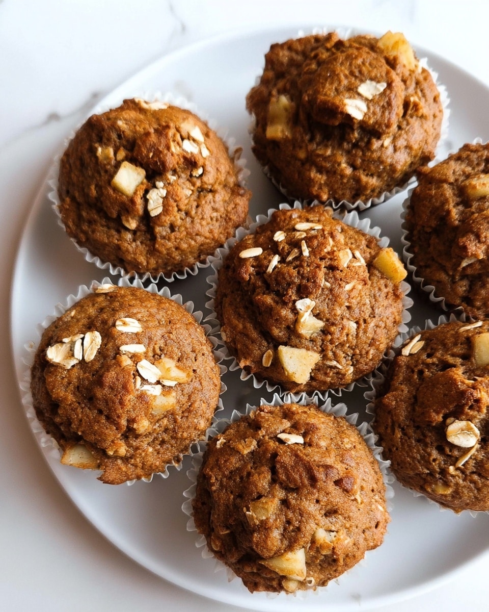 Seven brown muffins with slightly cracked tops showing chunks of light yellow apple pieces and scattered oats on them, each muffin sitting in a thin white paper liner. The muffins are arranged closely on a plain white plate. The plate rests on a white marbled surface. photo taken with an iphone --ar 4:5 --v 7