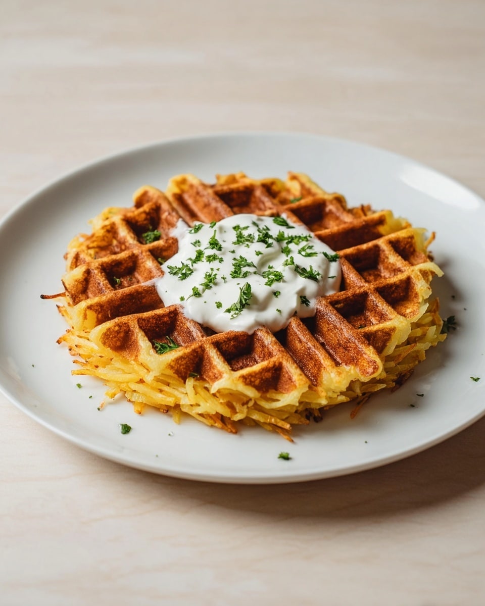 A single round waffle is placed at the center of a white plate, its surface golden brown with a crisp texture, featuring the classic grid pattern with deep square pockets. The waffle edges are uneven with some lighter yellow strands extending out, showing a slightly crispy and softer texture. On top of the waffle, in the center, is a dollop of smooth white sour cream with a creamy texture. Sprinkled over the sour cream and around it are small fresh green parsley leaves, adding a pop of color. The plate sits on a white marbled surface with soft natural lighting enhancing the warm tones of the waffle and the freshness of the garnish. Photo taken with an iphone --ar 4:5 --v 7