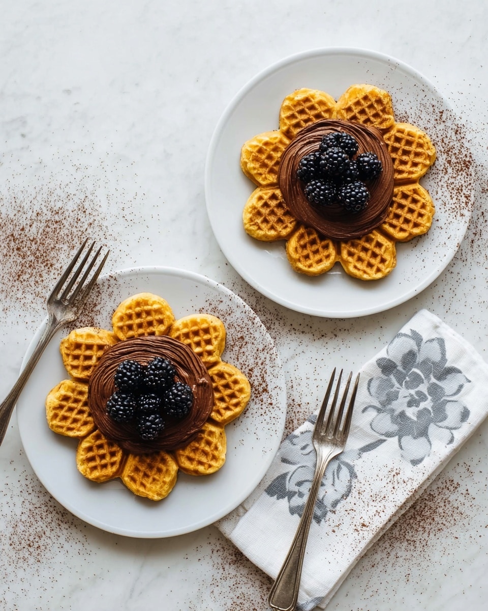 Two white plates hold a single golden-brown waffle each, shaped like a flower with eight petals and a crisp grid pattern. On top of each waffle is a thick swirl of smooth chocolate spread, dark and glossy, crowned with four fresh blackberries arranged close together. Around the plates are light dustings of cocoa powder, scattered unevenly on the white marbled texture beneath. Two silver forks sit next to the plates, one near each, with a soft white napkin featuring a subtle gray floral design placed near the right fork. The scene is clean and bright with soft natural light, showing the texture and rich colors clearly. photo taken with an iphone --ar 4:5 --v 7