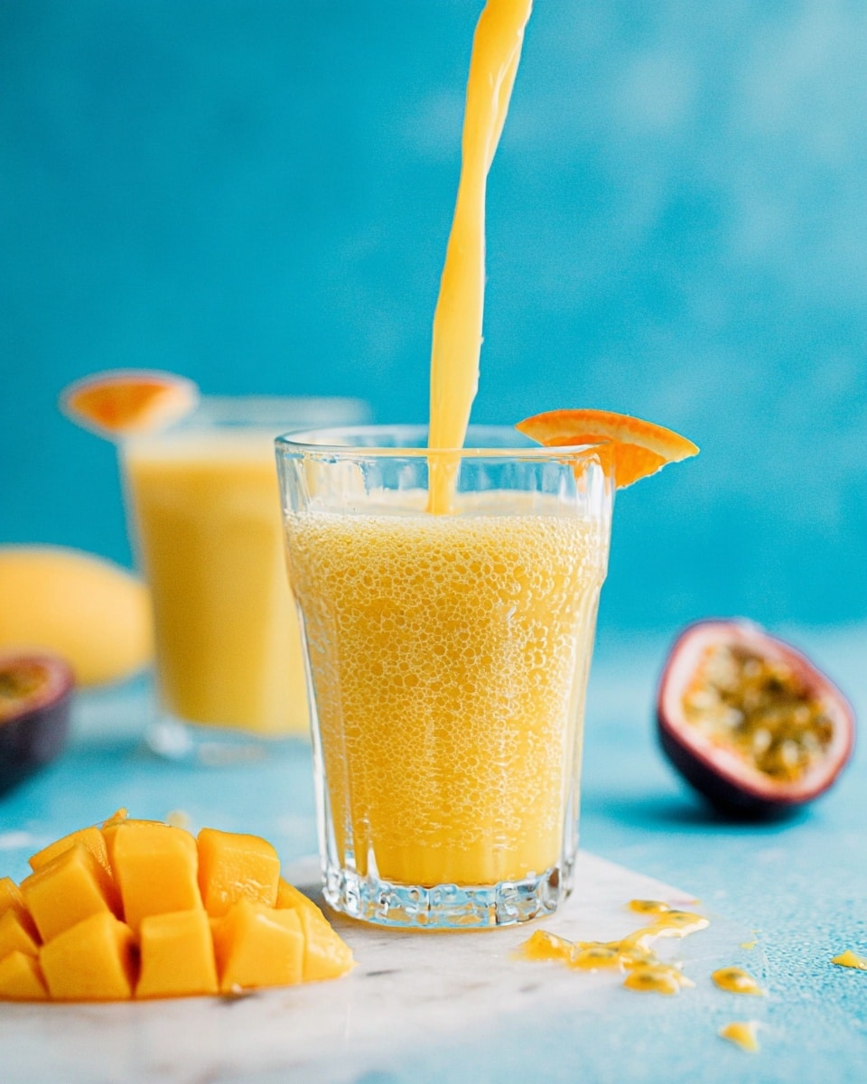 A clear glass filled with a yellow, frothy juice being poured from above, with a small orange slice placed on the rim of the glass. To the left, a few pieces of bright orange diced mango sit on the white marbled surface, while on the right, a halved passion fruit shows its yellow seeds. Another glass with the same yellow juice is blurred in the background, all set against a bright blue backdrop. photo taken with an iphone --ar 4:5 --v 7