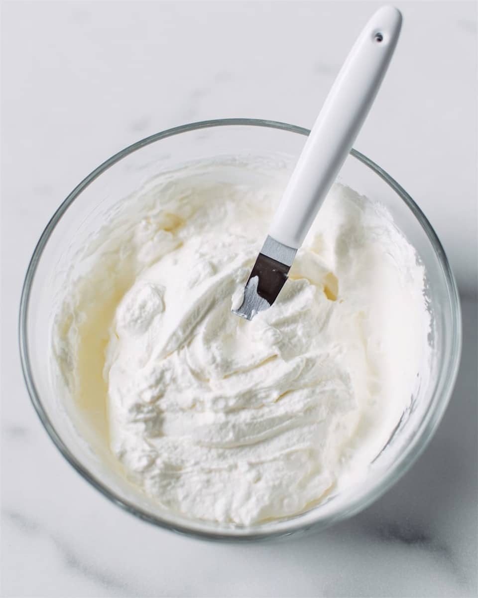 A clear glass bowl filled with a thick layer of smooth, white whipped cream, which has a soft and fluffy texture. A white spatula with a metal edge is partially inserted into the whipped cream in the middle, creating small swirls and peaks on the surface. The bowl is placed on a white marbled textured surface. photo taken with an iphone --ar 4:5 --v 7