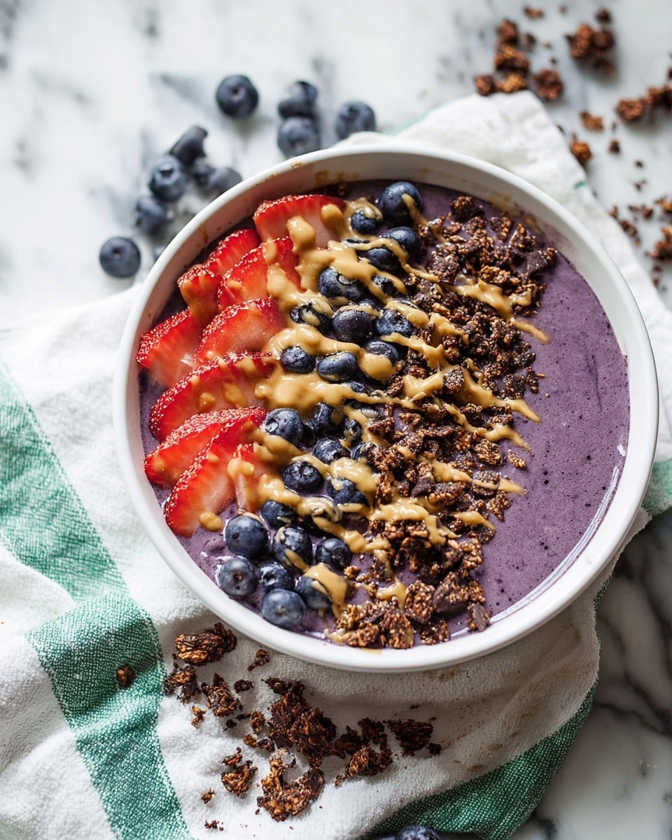A white bowl filled with a smooth purple smoothie base topped with three neat rows: the left row has red strawberries cut into halves and quarters, the middle row has whole dark blue blueberries, and the right row has crunchy dark brown granola sprinkled with small pieces of dark chocolate. Light brown peanut butter is drizzled over the toppings unevenly. The bowl rests on a soft white cloth with a green striped pattern, on a white marbled surface. Scattered blueberries and granola pieces surround the bowl. Photo taken with an iphone --ar 4:5 --v 7