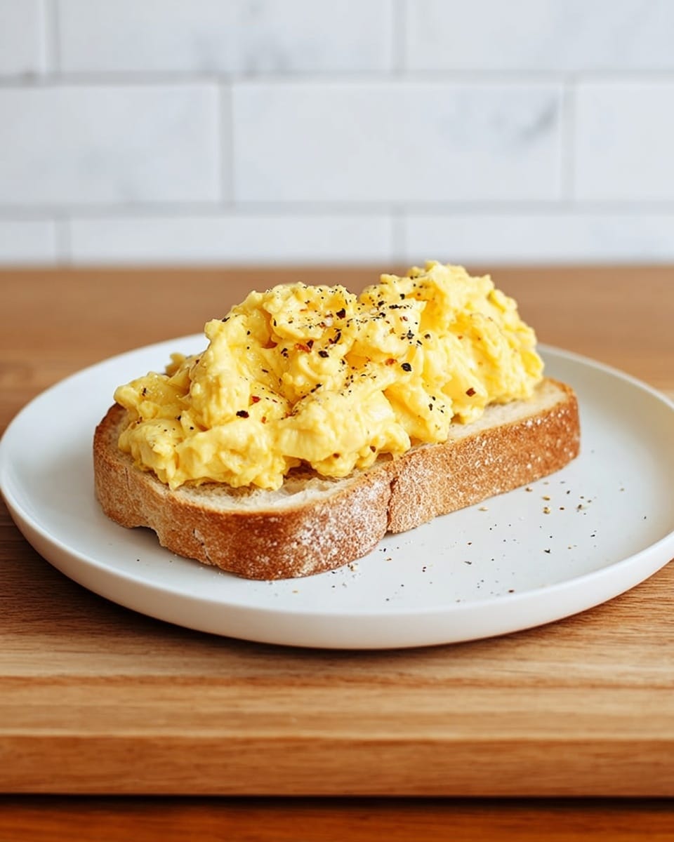 A thick, golden brown slice of bread sits flat on a white plate, topped with a generous, fluffy layer of bright yellow scrambled eggs with a soft, slightly shiny texture. The eggs cover the bread unevenly, showing some depth and volume, with small black pepper flakes scattered on top and around the plate. The plate rests on a wooden cutting board, with a white marbled surface and a simple white tile wall in the blurry background. Photo taken with an iphone --ar 4:5 --v 7