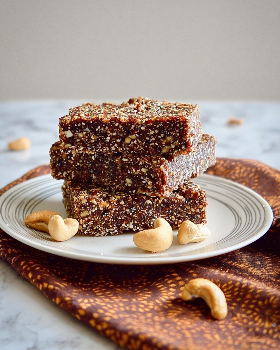 Three thick, square bars stacked on a white plate with a thin grey line pattern. Each bar is dark brown with a rough texture showing many small pieces of nuts and seeds, giving a crunchy look. A few cashew nuts are scattered next to the plate on a brown fabric with a circular pattern. The scene is set on a white marbled surface, with soft natural lighting. photo taken with an iphone --ar 4:5 --v 7