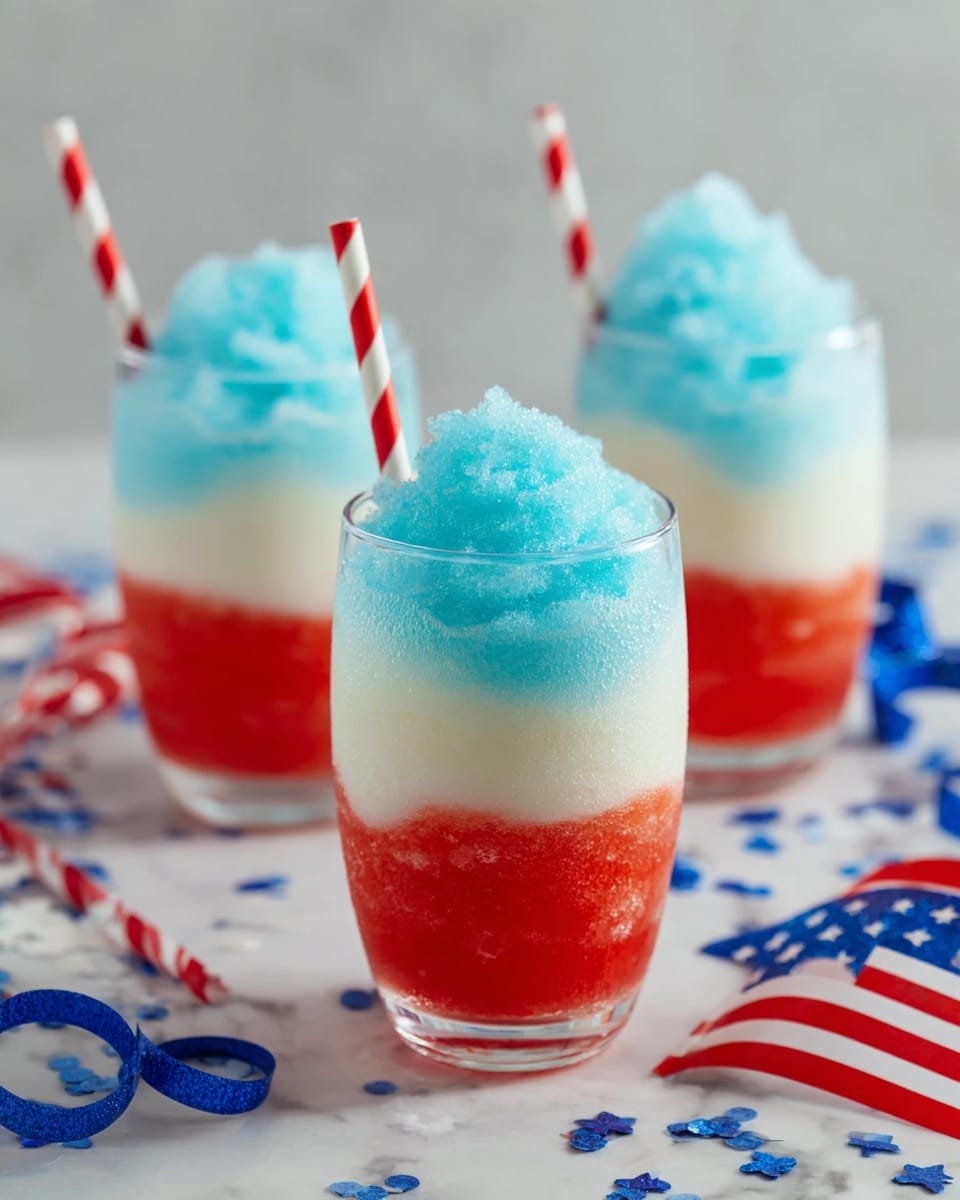 The image shows three clear glasses filled with a three-layer frozen drink sitting on a white marbled surface. Each glass has a bottom layer of red slush, followed by a middle layer of smooth white cream, and topped with a textured, swirled blue slush on top. A red and white striped paper straw stands upright in each glass, adding a festive look. There are red, blue, and white paper confetti pieces scattered around the glasses and a blurry American flag in the background. The overall color scheme is patriotic with bright and clear contrasts. photo taken with an iphone --ar 4:5 --v 7