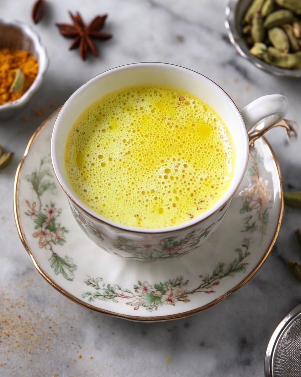 A top view of a white teacup filled with frothy, bright yellow turmeric milk. The cup rests on a matching white saucer with delicate gold and pink floral patterns. The surface of the turmeric milk shows tiny bubbles and a smooth texture with hints of orange spices. The background has a white marbled texture with scattered star anise pods, green cardamom, and ground turmeric powder near a white bowl and a metal tea strainer. photo taken with an iphone --ar 4:5 --v 7