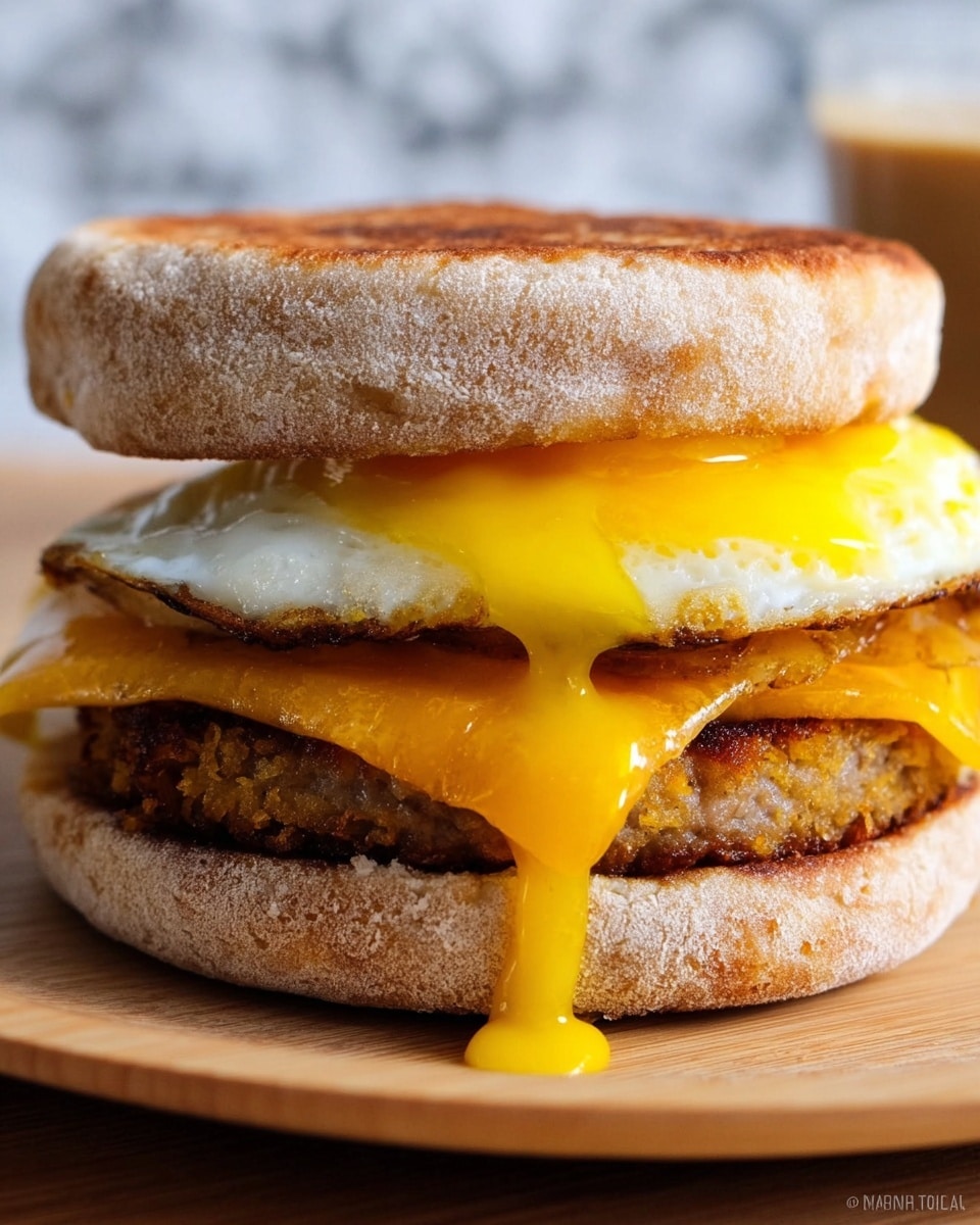 A close-up view of a breakfast sandwich stacked in four layers inside a toasted English muffin with a light brown, slightly rough texture. The bottom layer is a crispy, golden brown hash brown patty with a crunchy texture. Above it lies a thick sausage patty with a browned, slightly rough surface. The third layer is a slice of melted orange cheddar cheese, softly folded over the sausage. The top layer is a fried egg with a set white and a bright yellow, runny yolk dripping down the side. The sandwich sits on a plain white plate with a light wooden texture, placed against a white marbled textured background. Photo taken with an iphone --ar 4:5 --v 7