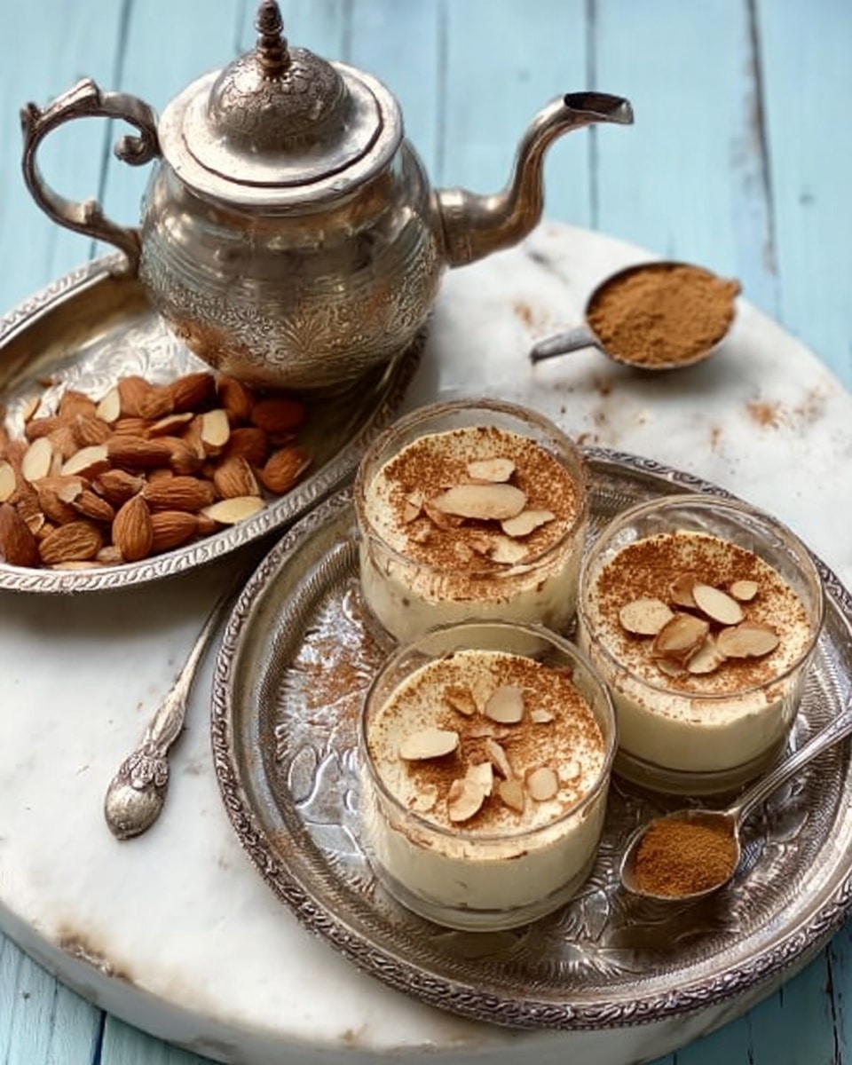 The image shows three clear glass cups arranged in a round metal holder on a white marbled surface, each cup filled with a creamy white dessert layer topped with a brown powder and scattered almond slices. There is a fourth empty glass cup in the holder with a small spoon inside. To the left, a silver teapot and an ornate oval silver tray hold a pile of almond slices, ground spice, and brown powder with a silver spoon resting on top. The overall color scheme includes creamy white, light brown, and silver tones. photo taken with an iphone --ar 4:5 --v 7