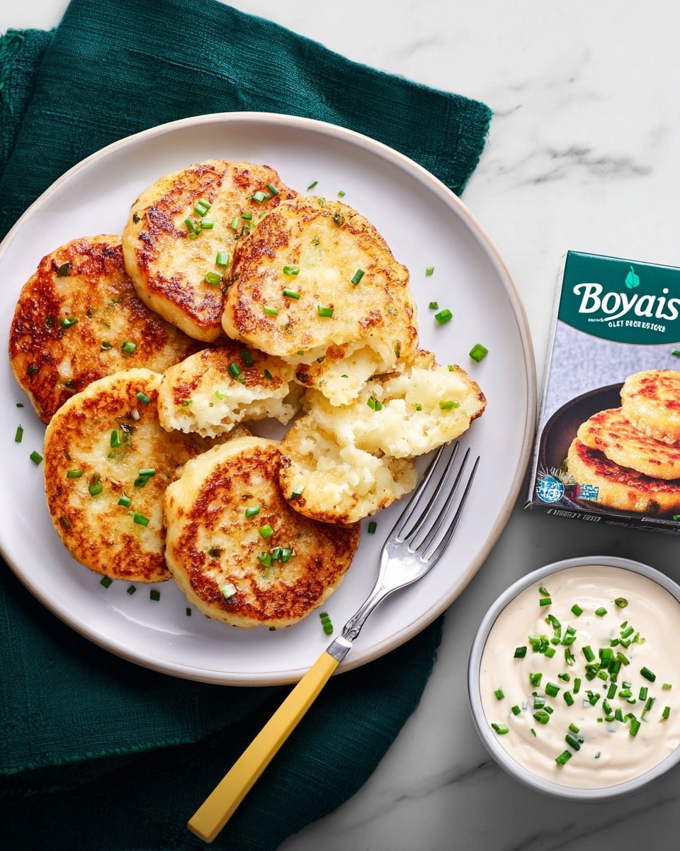 A white plate holds five golden brown potato cakes stacked slightly overlapping, each with a crispy, textured surface and small green chive pieces sprinkled on top. A wooden-handled fork rests on the edge of the plate, which is set on a white marbled surface with a green cloth napkin underneath. Next to the plate, a small white bowl contains white sour cream topped with finely chopped chives. The right side shows a box of Bob Evans Original Mashed Potatoes, with a white bowl of creamy mashed potatoes garnished by a small square of butter and a sprig of green parsley. photo taken with an iphone --ar 4:5 --v 7
