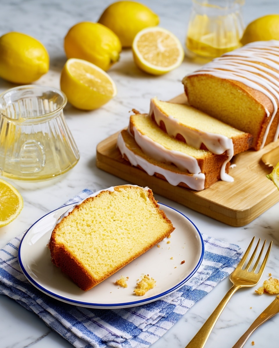 A white plate with a blue rim holds one slice of yellow lemon cake with a soft texture and a shiny white icing layer that evenly covers the top and drips down the side; cake crumbs are scattered beside the slice. Behind the plate, a wooden board holds the rest of the cake loaf, partially sliced with three thick pieces showing the same yellow interior and white icing stripes on top. Surrounding the scene are whole and halved bright yellow lemons, a clear glass lemon juicer with freshly squeezed juice, a gold fork near the plate, gold tongs to the side, and a white cloth with blue lines under the plate, all on a white marbled surface. photo taken with an iphone --ar 4:5 --v 7