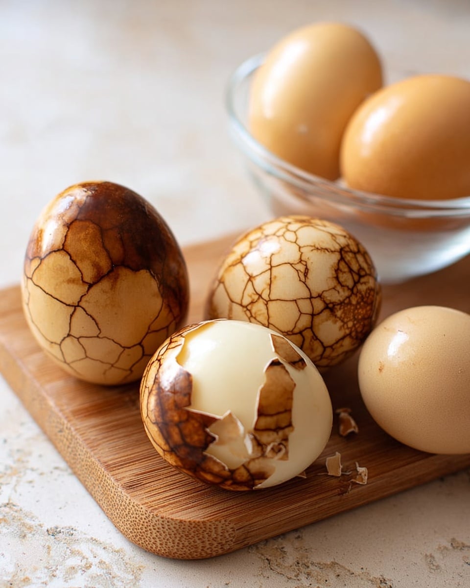 The image shows four tea eggs on a dark wooden board with a soft focus glass bowl in the background. Three of the eggs have light brown, cracked shells with a shiny texture, and one egg has been peeled to reveal the white surface underneath, marked with an intricate dark brown marbled pattern. There is also a cracked eggshell near the peeled egg, showing the similar brown cracked design on the inside. The board is slightly wet with small droplets of liquid near the eggs. The background has a white marbled texture. photo taken with an iphone --ar 4:5 --v 7