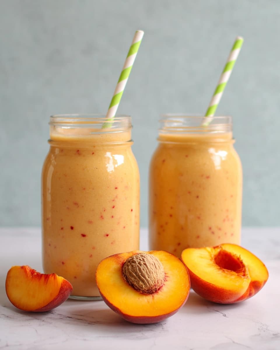 The image shows two clear glass jars filled with a creamy, light orange smoothie that has tiny red specks throughout, each topped with a light green and white striped straw. The jars sit on a white marbled surface, and in front of them are two peach halves: one with the large peach pit still in the center with a rough brown texture, and the other with the pit removed, revealing the smooth orange flesh inside. The background is soft and smooth with a muted light color. photo taken with an iphone --ar 4:5 --v 7