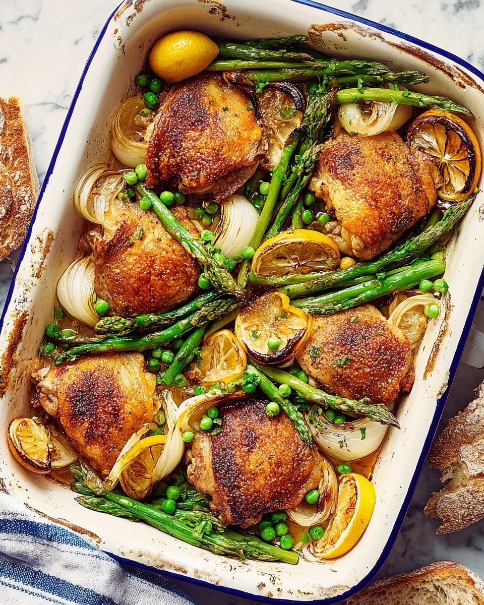 A white rectangular baking dish holds six browned, crispy chicken thighs arranged randomly. Among them are several bright green asparagus spears placed diagonally across the dish. Under and around the chicken thighs are thick slices of caramelized lemon with a warm yellow-brown color, smashed garlic cloves, wedges of soft cooked onion with a light golden tint, and scattered bright green peas. The dish rests on a white marbled surface with some torn pieces of bread nearby. photo taken with an iphone --ar 4:5 --v 7