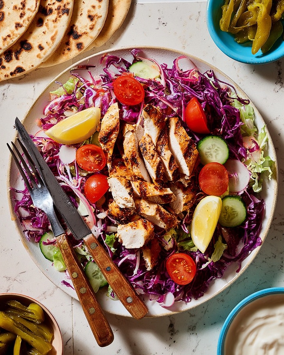 The dish shows a white plate with a colorful salad as the base, made of purple shredded cabbage and green lettuce scattered on the bottom. On top, there are several slices of grilled chicken breast with a light brown crust and a juicy white inside, arranged in two clusters. Cherry tomato halves are placed throughout the salad, adding bright red spots. Slices of cucumber and lemon wedges are placed near the edge of the plate. A metal fork and knife with wooden handles rest on the right side of the plate. The plate sits on a white marbled surface, accompanied by a small white bowl of creamy sauce and a small metal bowl of pickled green chili peppers nearby. Photo taken with an iphone --ar 4:5 --v 7