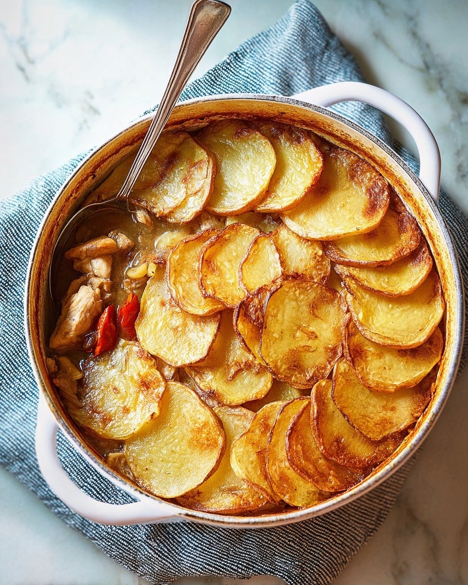 A white round pot filled with a cooked dish, showing three distinct layers: the top layer consists of thin golden brown potato slices arranged in an overlapping circular pattern, some edges are slightly crisp and darker; beneath that, pieces of light brown chicken and red bell pepper chunks sit in a thick, rich brown sauce with visible herbs; the pot rests on a white marbled surface, accompanied by a blue cloth and a wooden board under one side, with a silver spoon resting inside the pot on the upper edge. photo taken with an iphone --ar 4:5 --v 7