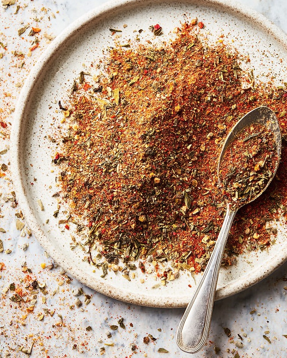 A close-up overhead view of a white round plate filled with a mixed spice blend, showing three main texture layers: a base of finely chopped green herbs, a middle layer with coarse reddish-orange flakes, and a scattered top layer of small yellowish seeds and black pepper bits. A silver spoon lies inside the plate, holding some of the spice mixture, and a few specks of the spices are scattered around the plate on a white marbled surface, giving a natural casual look. Photo taken with an iphone --ar 4:5 --v 7