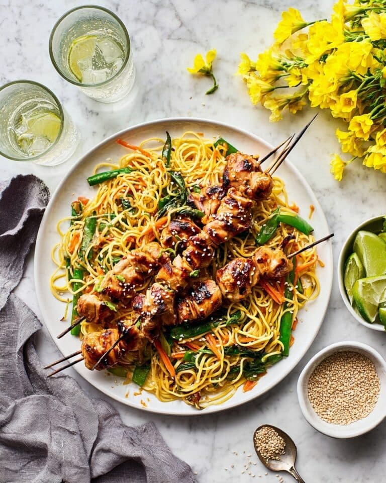 Sticky Ginger & Honey Chicken Skewers with Noodle Salad Recipe