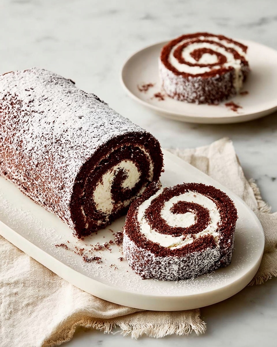 A chocolate Swiss roll cake is shown sliced into pieces, with a thick outer layer of dark chocolate sponge cake dusted with powdered sugar, giving it a snowy texture. The inside has one visible spiral layer of creamy white filling, smooth and thick, contrasting with the dark brown of the cake. One large rolled cake lies horizontally on a white plate, with one thick round slice placed in front of it on the same plate. Another round slice sits on a smaller white plate to the right, both plates set on a white marbled surface. There is a metal sifter with powdered sugar on the left side of the main plate. photo taken with an iphone --ar 4:5 --v 7