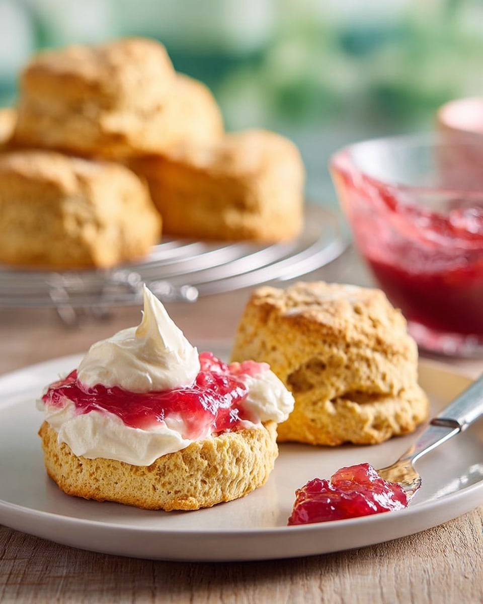 A close-up of a scone split in half is shown on a white plate; the bottom half is topped with a thick layer of creamy white spread and a dollop of bright pink jam, creating two smooth and textured layers contrasted by the golden, crumbly scone. The top half of the scone lies beside it, revealing a rough crumb interior matching the bottom's golden brown color. In the background, more whole scones sit stacked in pairs on a white cooling rack, all placed on a wooden table, with a glass bowl filled with more pink jam to the right. The scene is softly lit with a blurred green background, and a butter knife with a small smear of jam rests on the plate. photo taken with an iphone --ar 4:5 --v 7