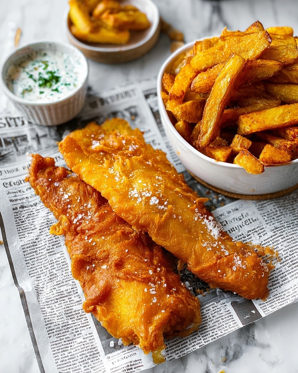 The image shows two pieces of golden brown fried fish with a crispy, uneven textured batter sprinkled lightly with salt, placed on white paper printed like a newspaper. Next to the fish is a white bowl filled with thick, golden fries that have a rough, crunchy surface and are also lightly salted. The fish and fries rest on a white marbled surface, adding a clean and bright background to the warm colors of the food. A small bowl of white tartar sauce with green herbs is visible in the top left corner. photo taken with an iphone --ar 4:5 --v 7