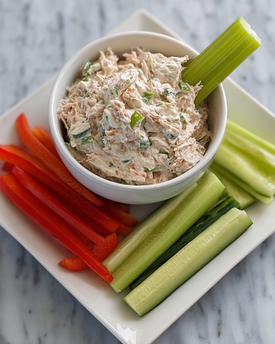 A white round bowl filled with creamy tuna salad that has small green herb bits mixed in, sitting in the center of a white square plate. Around the bowl, there are fresh crisp vegetable sticks arranged neatly: green celery sticks on the right side with one celery stick dipped into the tuna salad, green cucumber sticks on the front left, and red bell pepper sticks on the back left of the plate. The entire setup is placed on a white marbled surface. Photo taken with an iphone --ar 4:5 --v 7