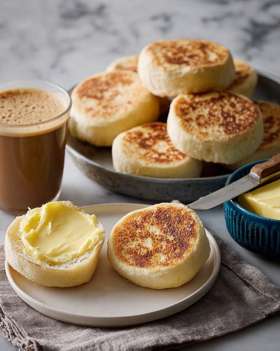 The image shows a white plate in the front holding two halves of an English muffin toasted light brown on the cut sides; one half is thickly spread with pale yellow butter. Behind it is a metal tray piled with six whole English muffins with light brown toasted tops. To the right, there is a small blue bowl with a butter block and a knife resting inside it. On the left side, a cup of coffee with creamy brown foam is visible. All items are placed on a white marbled surface with a cloth napkin partially under the tray. Photo taken with an iphone --ar 4:5 --v 7