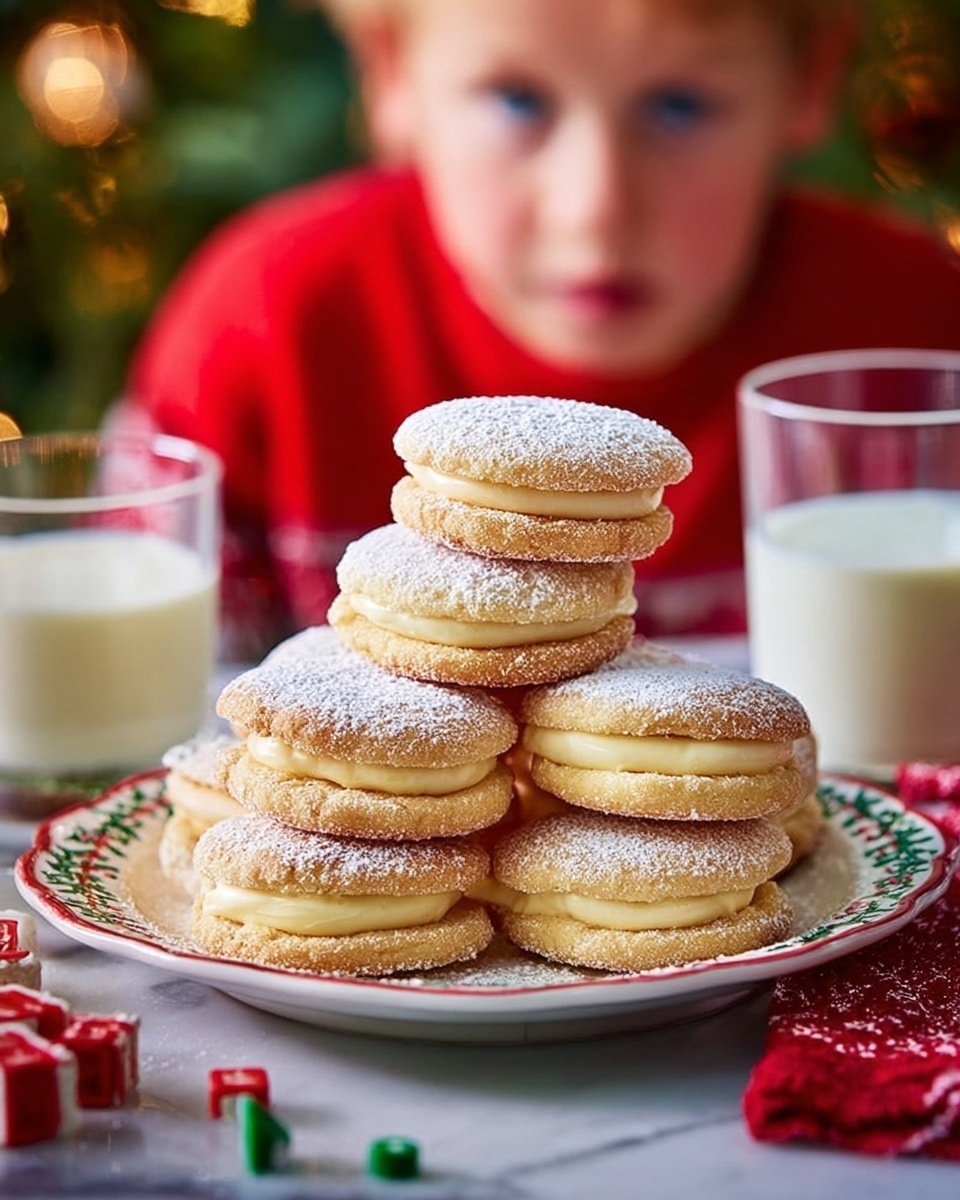 A stack of ten small sandwich cookies with light golden brown, soft-looking outer layers dusted lightly with powdered sugar, filled with a smooth pale yellow cream, arranged on a white plate with festive red and green decorations around the rim. The plate is placed on a white marbled surface next to a red napkin, a glass of milk on each side of the plate, and some game pieces nearby. In the blurred background, a child in a red holiday sweater looks at the cookies with wide blue eyes and curious expression. photo taken with an iphone --ar 4:5 --v 7