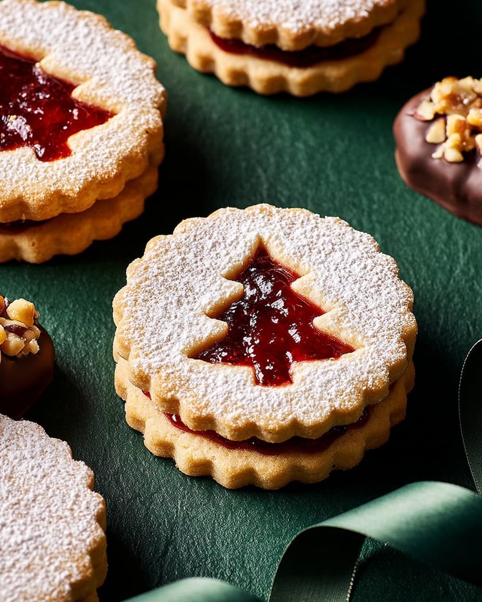 The image shows round sandwich cookies with scalloped edges, each consisting of two light golden layers of cookie. The top cookie layer is dusted heavily with white powdered sugar and has a Christmas tree-shaped cutout in the center, revealing bright red jam filling inside. The cookies rest on a smooth dark green surface, and some parts of chocolate and nut-topped treats are visible at the edges of the image. A dark green ribbon curls on the surface near the cookies, adding color contrast. photo taken with an iphone --ar 4:5 --v 7