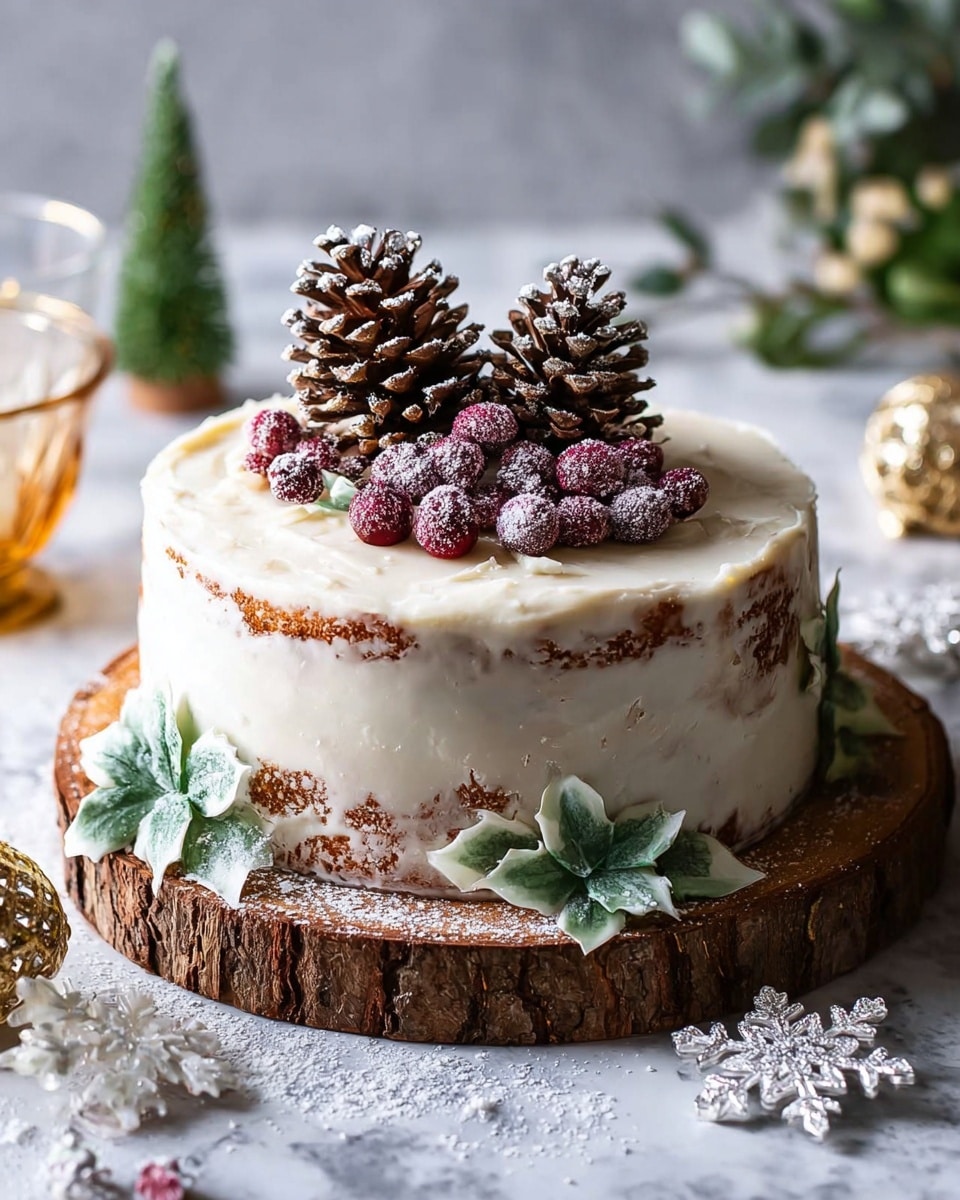 A two-layer round cake with white frosting lightly spread unevenly on the sides, showing spots of the brown cake underneath; on top, there are two large pine cones in the center surrounded by several small red berries covered in white sugar, all sitting on a wooden board edge with rough bark. Around the base of the cake, green frosted leaves are placed, along with another pine cone near the front. Nearby, a small green tree decoration, a golden glass, and white snowflake shapes are scattered on a white marbled textured surface with white fluffy snow on the edges. Photo taken with an iphone --ar 4:5 --v 7