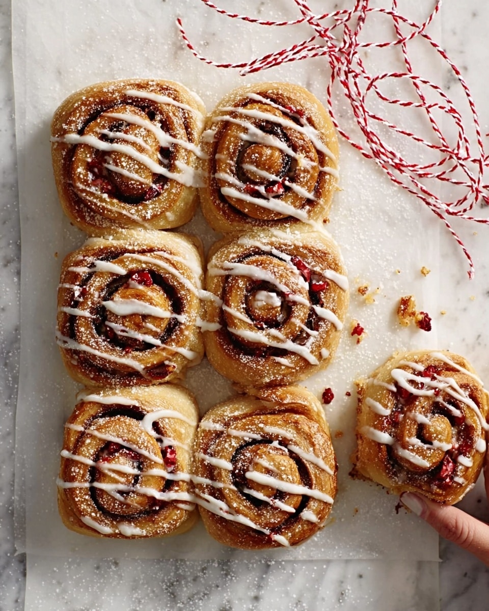 The image shows eight cinnamon rolls arranged on white parchment paper over a white marbled surface. The rolls are golden brown with darker brown swirls of cinnamon inside and bits of red fruit or jam spread throughout the layers. Each roll is topped with thin white icing lines drizzled in a loose zigzag pattern. One roll is separated from the group with some crumbs and bits of filling around it. A woman's hand is holding the separated roll from the side. There is red and white twine tied on the parchment paper near the top left and bottom right corners. The background outside the parchment paper has a glittery gold texture. Photo taken with an iphone --ar 4:5 --v 7