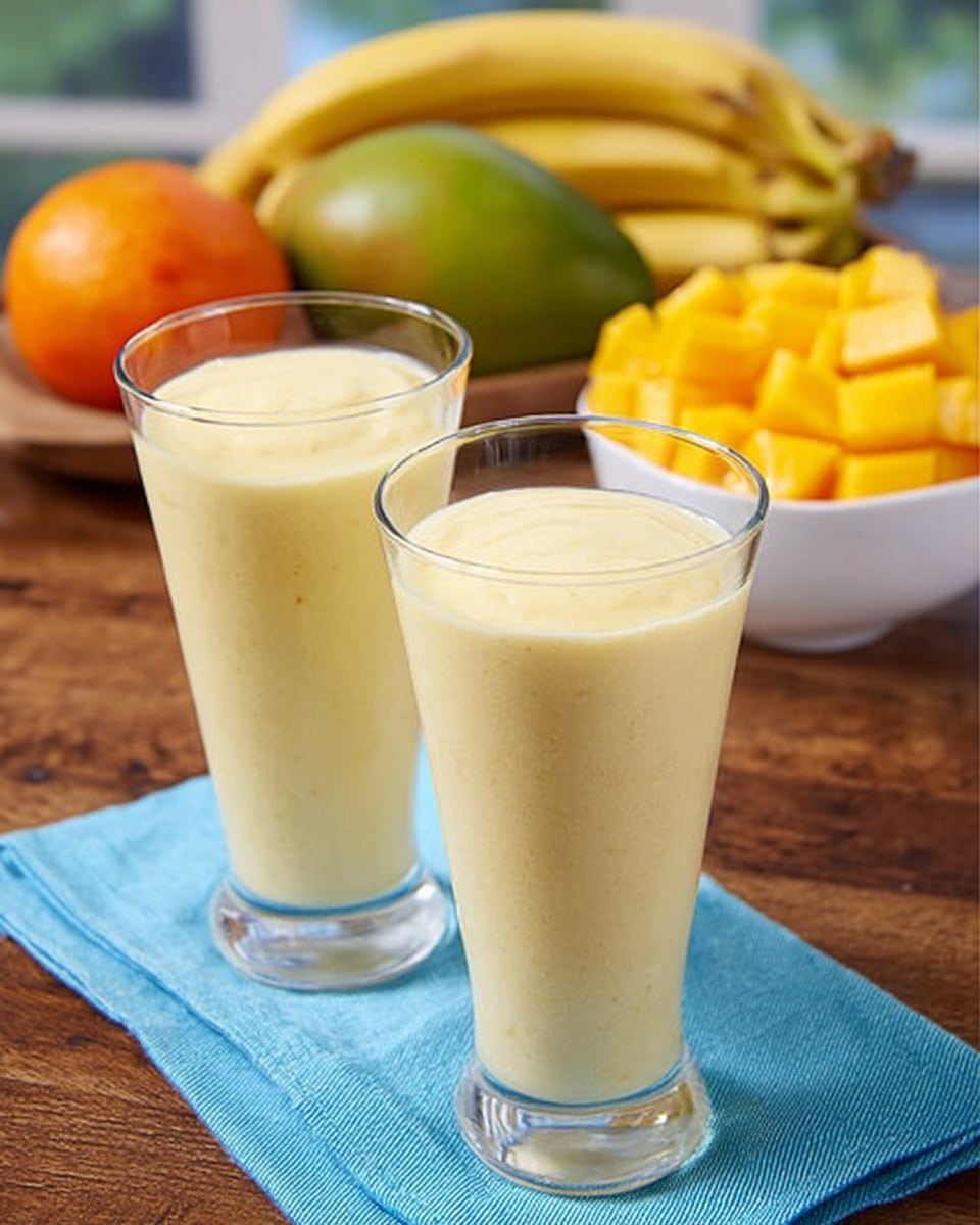 Two tall, clear glasses filled with a creamy pale yellow smoothie are placed on a folded blue cloth on a brown wooden table. In the background, there is a white bowl filled with yellow fruit pieces that look like mango or peaches, along with an orange, a bunch of small yellow bananas, and a green mango. The scene is bright and fresh, showing a mix of smooth textures in the drink and soft, ripe fruits behind. Photo taken with an iphone --ar 4:5 --v 7