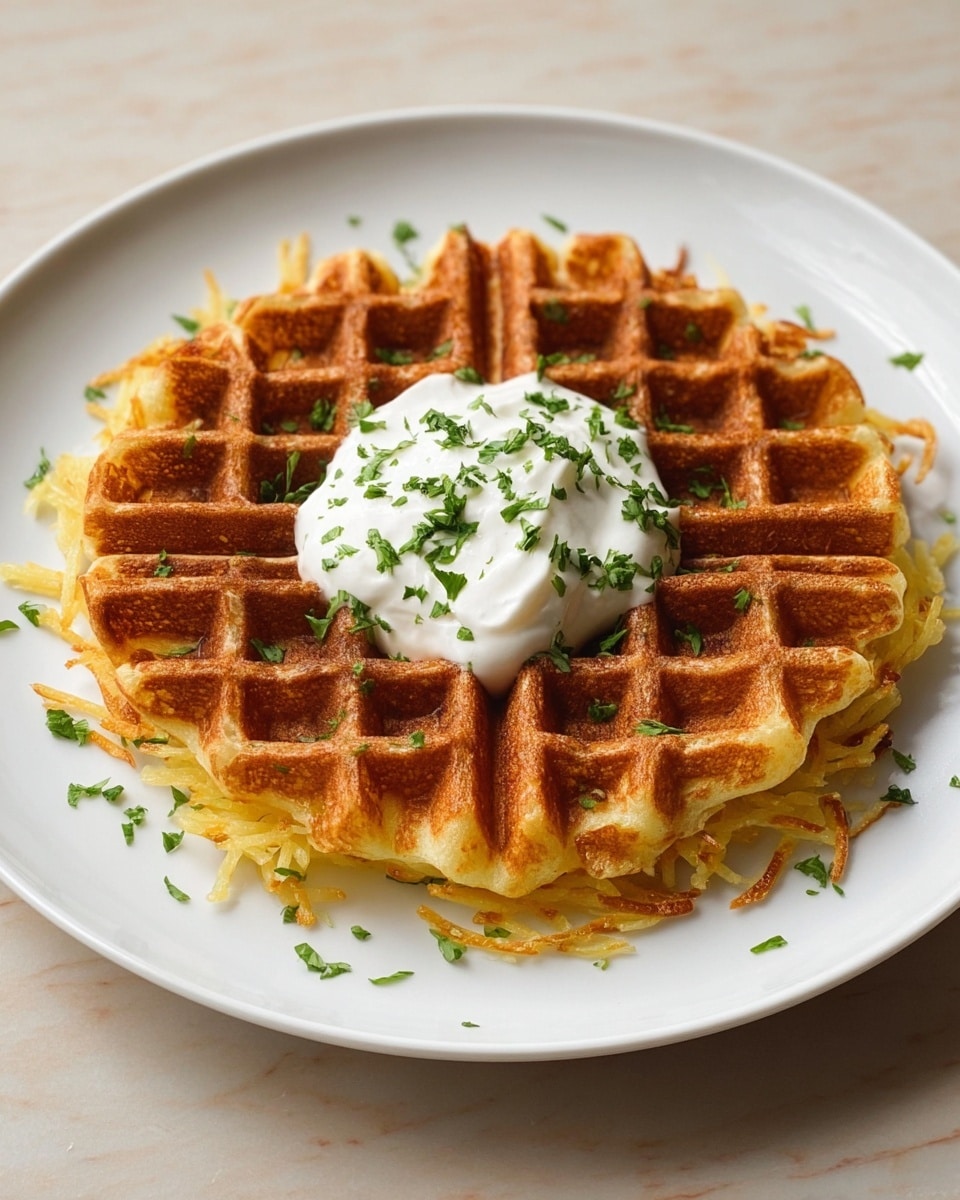 A single golden-brown waffle with a crisp texture and slightly uneven edges from shredded potato sits centered on a white plate. On top of the waffle, there is a dollop of smooth white sour cream, garnished with scattered small green parsley leaves. The plate rests on a white marbled texture surface, with soft natural lighting enhancing the warm colors and details of the waffle’s grid pattern and the cream’s creamy texture. photo taken with an iphone --ar 4:5 --v 7