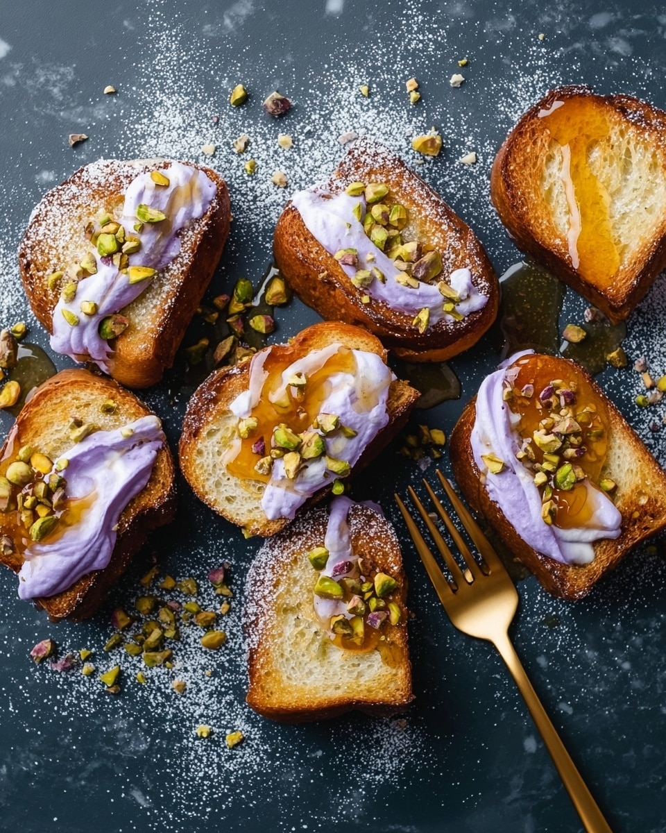 Six pieces of lightly toasted, golden brown bread are arranged on a dark surface with a dusting of powdered sugar on and around them. Each piece has a layer of purple whipped cream peeking through the middle or on top. Amber-colored honey is drizzled on top of each slice, with small pieces of green pistachio nuts scattered over the bread and cream, adding texture. A gold fork is placed on the right side. The background is changed to a white marbled texture. photo taken with an iphone --ar 4:5 --v 7