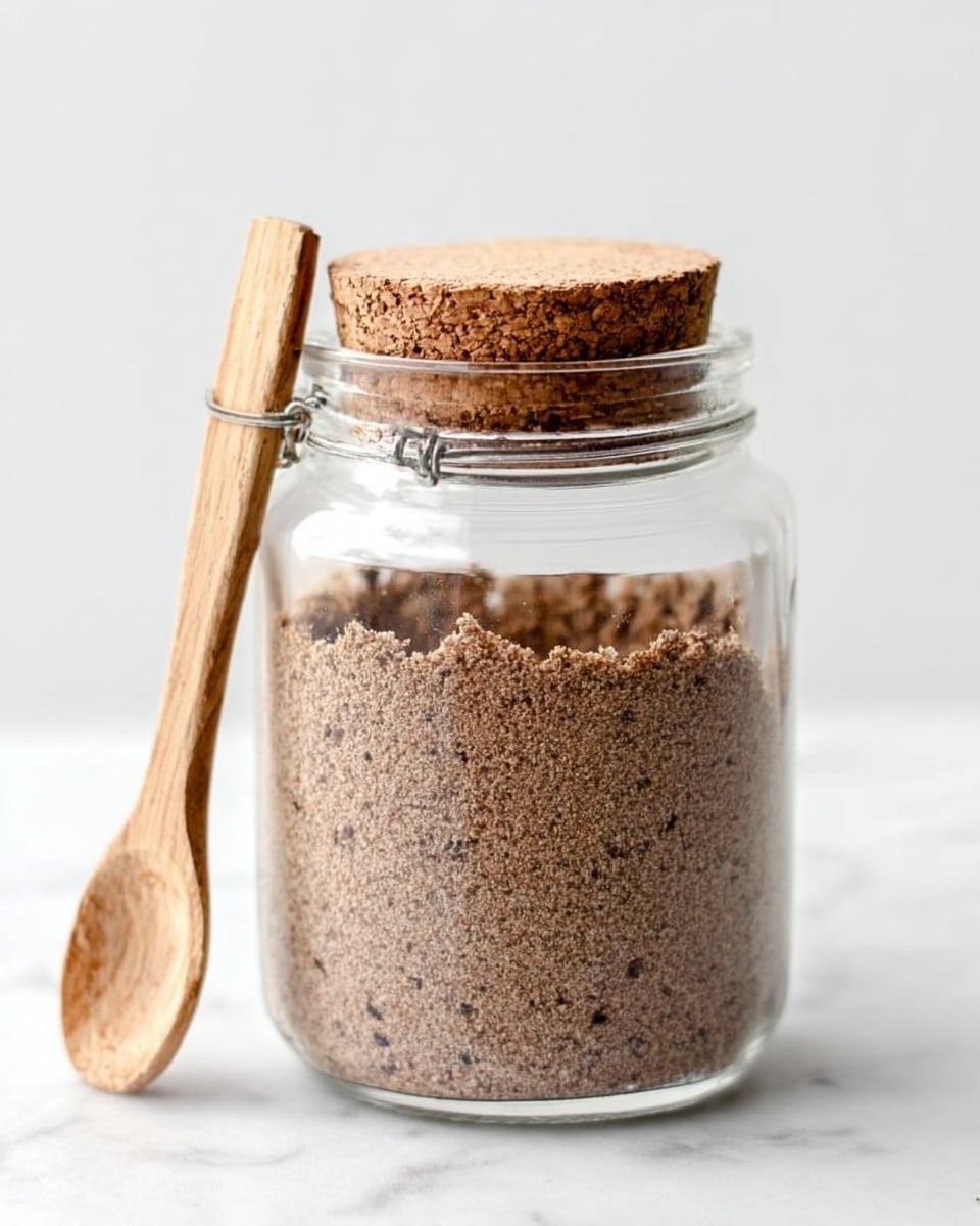 A clear glass jar filled almost to the top with a brown, fine, crumbly powder that has some darker specks mixed in. The jar has a cork lid tightly sealed on top and a small wooden spoon hanging from the side handle. The background and surface are white with a smooth marbled texture, giving the scene a clean and simple look. photo taken with an iphone --ar 4:5 --v 7
