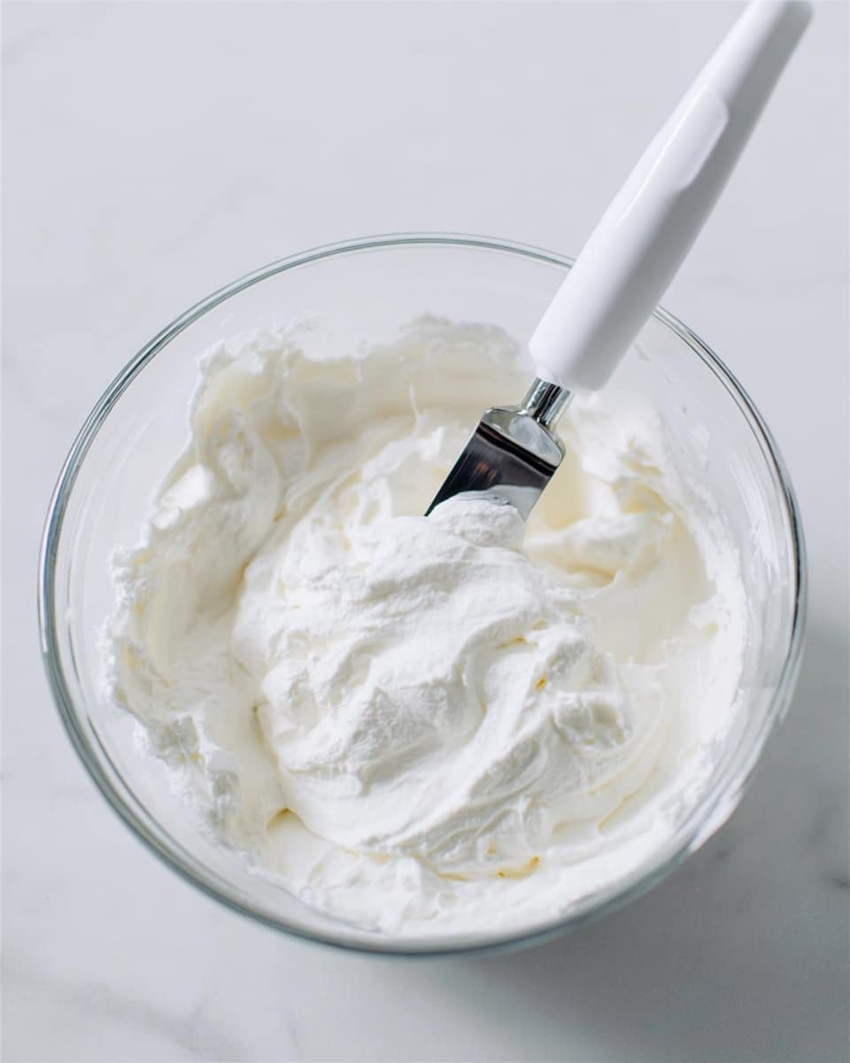 The image shows a clear glass bowl filled with a thick, fluffy, white cream with a smooth and slightly whipped texture. A white-handled metal spatula is placed vertically in the cream, with its blade partially buried in the soft mixture. The background is a clean white marbled texture, making the creamy white mixture stand out clearly. photo taken with an iphone --ar 4:5 --v 7